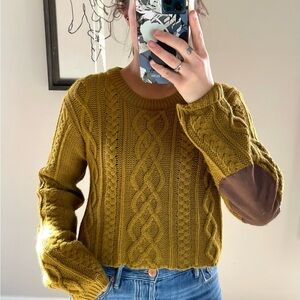 Elegant Mustard Cable Knit Sweater with Brown Accents
